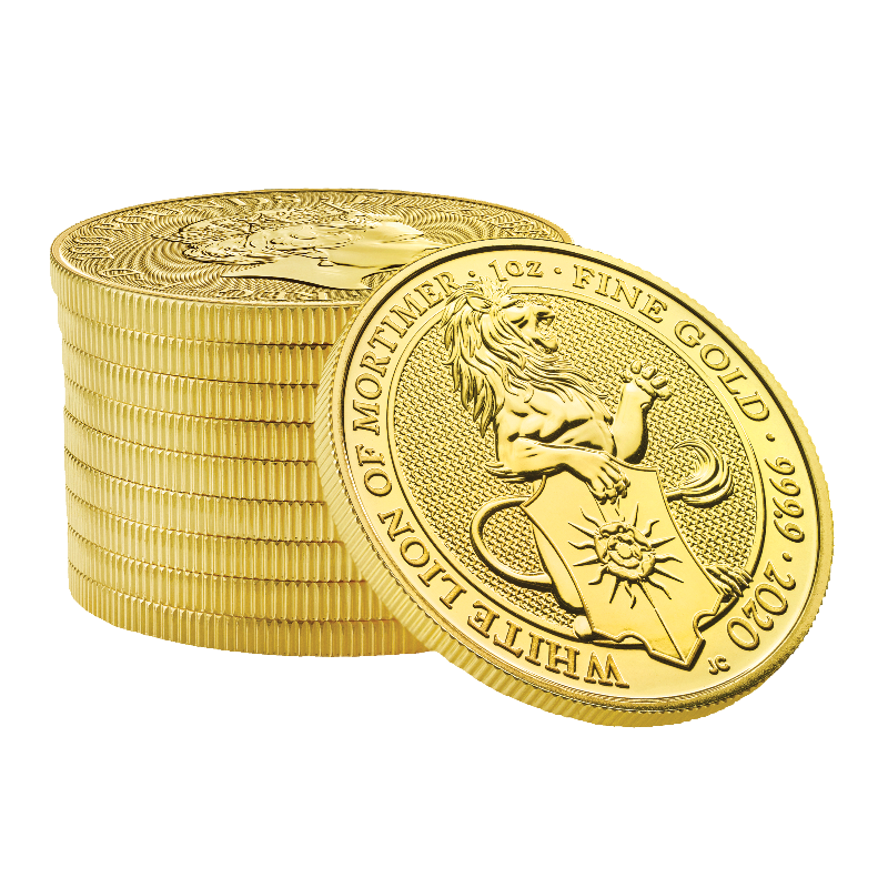 2020_Bullion_Queen's_Beasts_The_White_Lion_of_Mortimer_Gold_1oz_Coin_stack_on_white_(Tube)_-_QBW201G