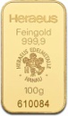 100 Gramm Goldbarren | Heraeus mit Zertifikat