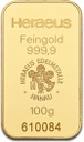 100 Gramm Goldbarren Heraeus mit Zertifikat