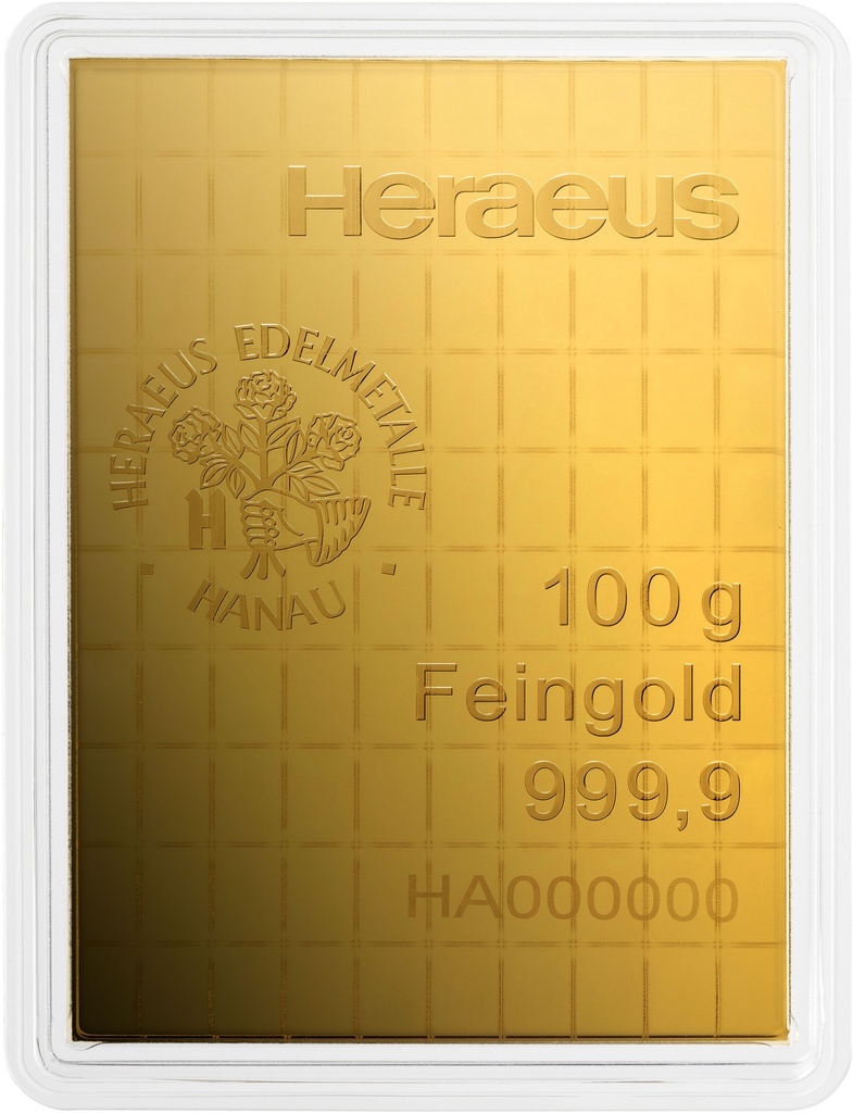 100 x 1g Gold Tafelbarren Heraeus mit Zertifikat