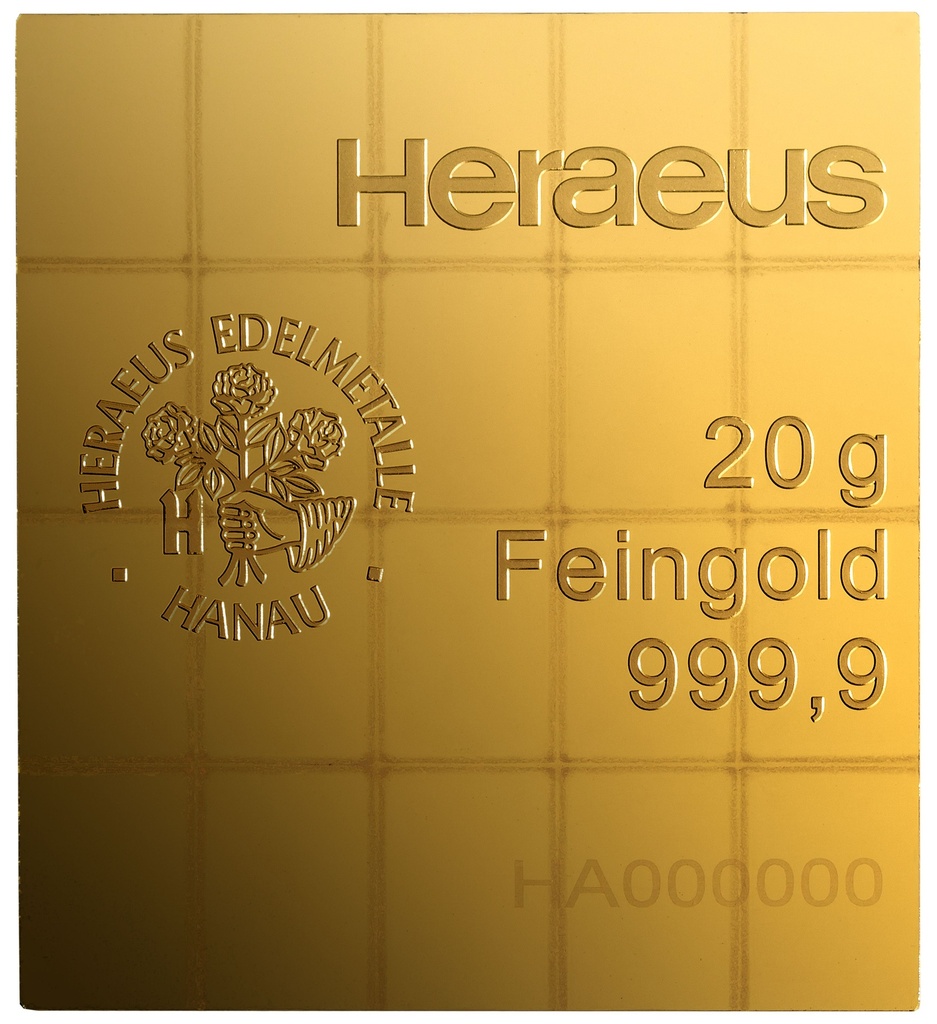 20 x 1g Gold Tafelbarren Heraeus mit Zertifikat