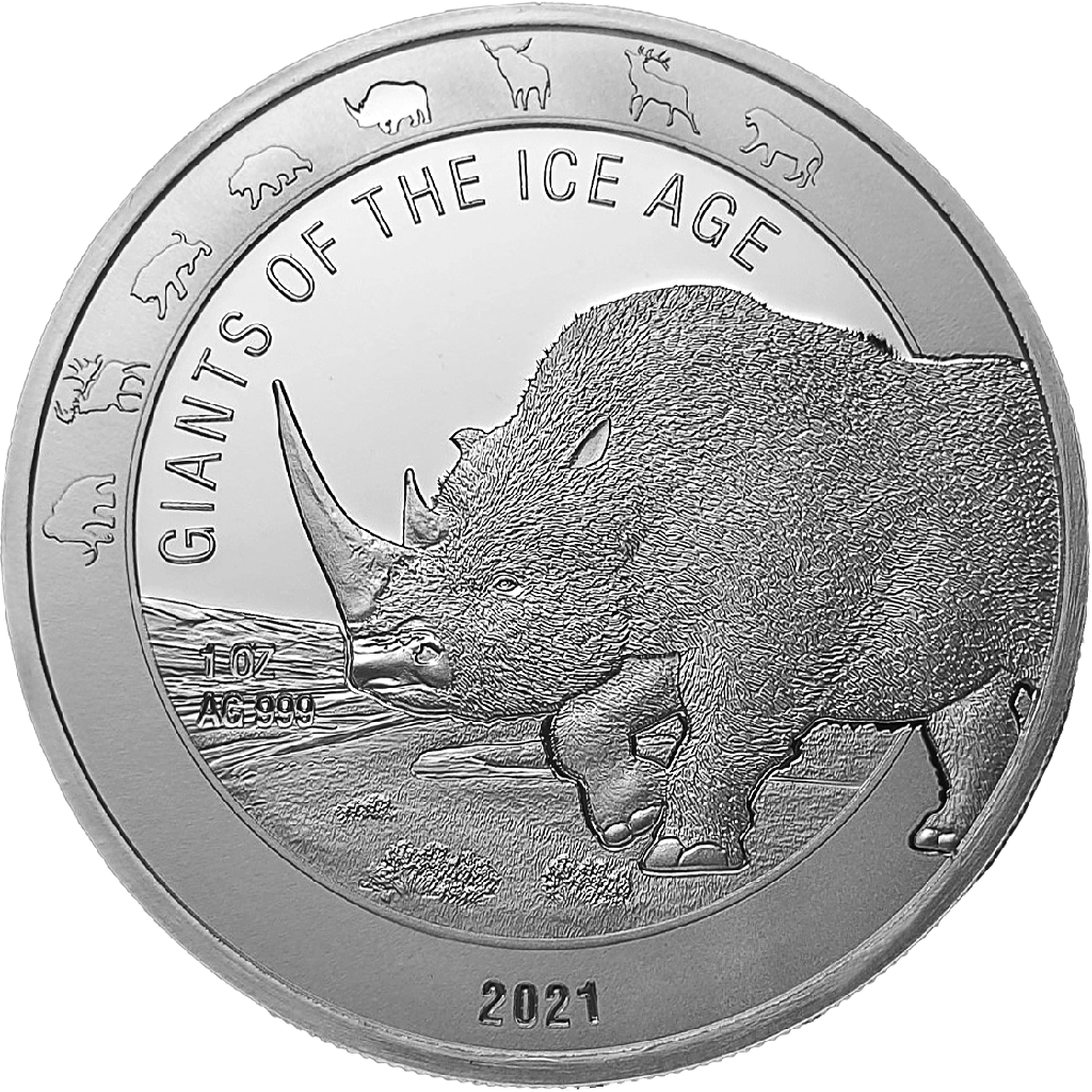 Giganten der Eiszeit - Wollnashorn 1 Unze Silbermünze 2021 differenzbesteuert
