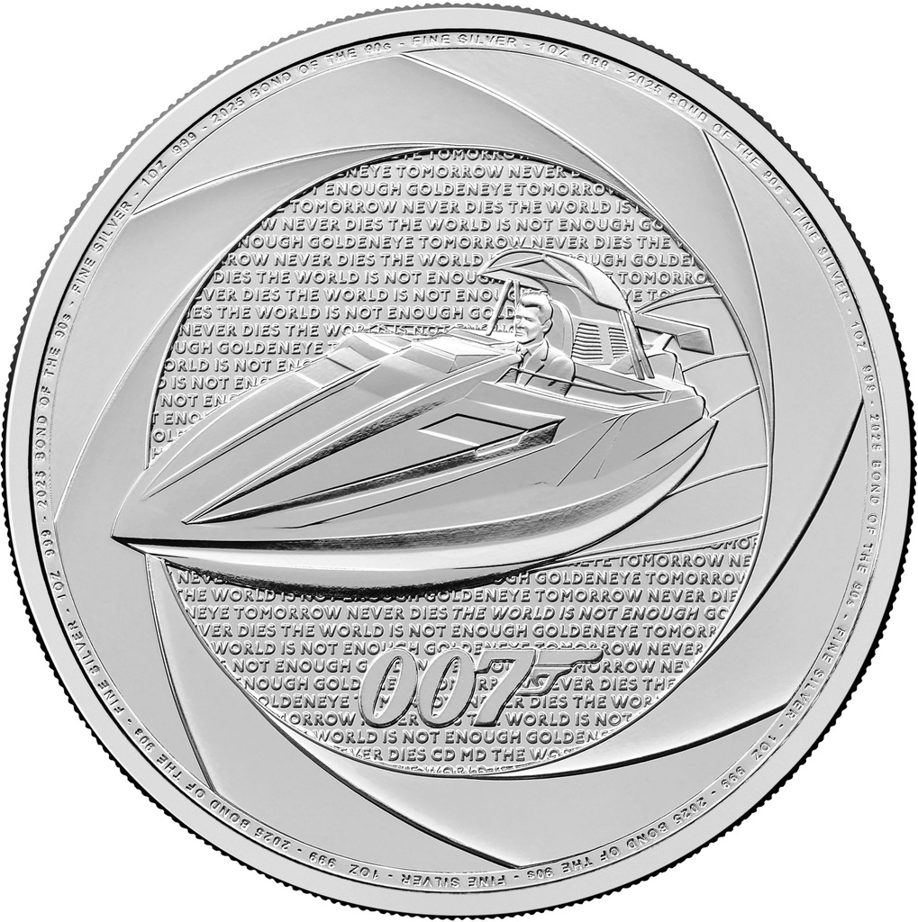 James Bond Sechs Jahrzehnte 007 - Bond of the 90s "Q-Branch Speedboat"- 1 Unze Silbermünze 2025 | differenzbesteuert
