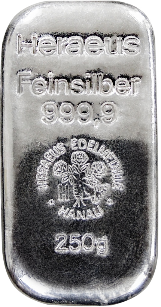 250 Gramm Silberbarren Heraeus | gegossen 