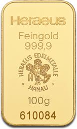 [30006] 100 Gramm Goldbarren Heraeus mit Zertifikat